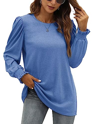 XIEERDUO Damen Pullover Herbst Oberteile Langarm Sweatshirt Puffärmel Blau Shirts Elegant Langarmshirts Long Longsleeve 2XL von XIEERDUO