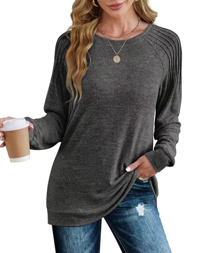 XIEERDUO Pullover Damen Sweatshirt Langarmshirt Herbst Winter Strickpullover Tunika Tshirt Elegant Oberteile Top Dunkelgrau L von XIEERDUO