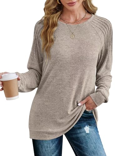 XIEERDUO Pullover Damen Sweatshirt Langarmshirt Herbst Winter Strickpullover Tunika Tshirt Elegant Oberteile Top Khaki XL von XIEERDUO