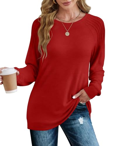 XIEERDUO Pullover Damen Sweatshirt Langarmshirt Herbst Winter Strickpullover Tunika Tshirt Elegant Oberteile Top Rot M von XIEERDUO