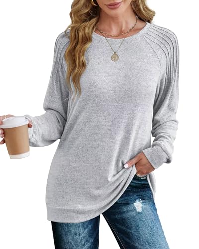 XIEERDUO Pullover Damen Sweatshirt Langarmshirt Herbst Winter Strickpullover Tunika Tshirt Elegant Oberteile Top Weiß Grau M von XIEERDUO