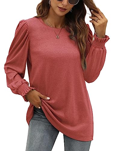 XIEERDUO Damen Pullover Herbst Oberteile Langarm Rot Sweatshirt Puffärmel Shirts Elegant Langarmshirts Long Longsleeve 2XL von XIEERDUO