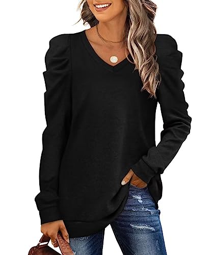 XIEERDUO Pullover Damen Sweatshirt Herbst Elegant Puffärmel Shirt V Ausschnitt Schwarz Strickpullover Langarm Bluse Langarmshirt M von XIEERDUO