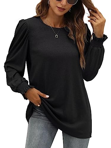 XIEERDUO Damen Pullover Herbst Oberteile Schwarz Langarm Sweatshirt Puffärmel Shirts Elegant Langarmshirts Strickpullover L von XIEERDUO