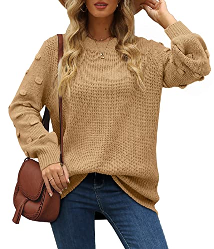 XIEERDUO Strickpullover Damen Rundhals Pullover Casual Elegant Oberteile Herbst Winter Sweatshirt Oversize Strickpulli Sweater Beige 2XL von XIEERDUO