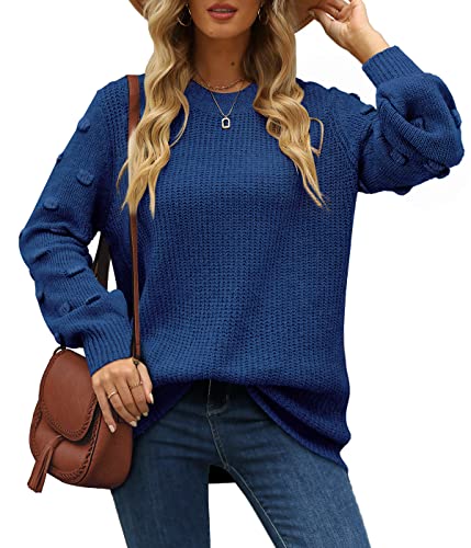 XIEERDUO Strickpullover Damen Rundhals Pullover Casual Elegant Oberteile Herbst Winter Sweatshirt Oversize Strickpulli Sweater Blau M von XIEERDUO