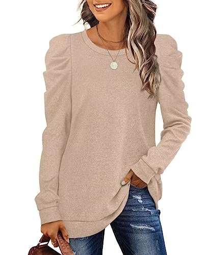 XIEERDUO Damen Pullover Oversize Herbst Sweatshirt Puffärmel Elegant Langarmshirt Winter Oberteile Khaki XL von XIEERDUO