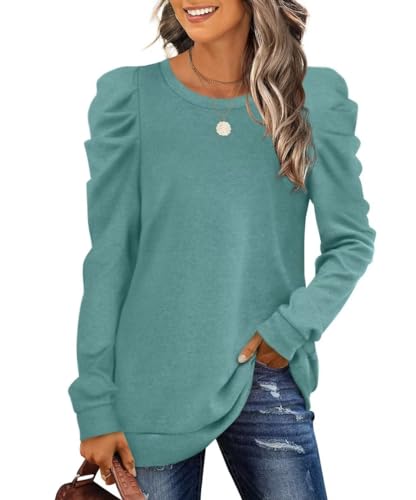 XIEERDUO Damen Pullover Oversize Herbst Sweatshirt Puffärmel Elegant Langarmshirt Winter Oberteile Graublau L von XIEERDUO