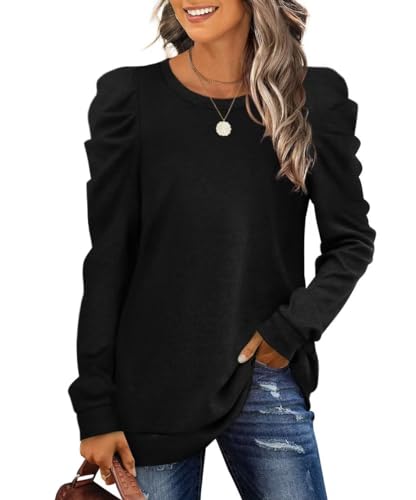 XIEERDUO Damen Pullover Oversized Herbst Sweatshirt Puffärmel Elegant Oberteile Schwarz S von XIEERDUO