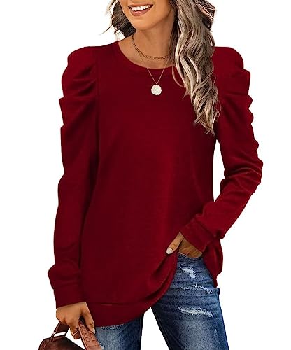 XIEERDUO Damen Pullover Oversized Herbst Sweatshirt Puffärmel Elegant Oberteile Weinrot S von XIEERDUO