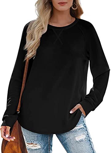 XIEERDUO Pullover Damen Rundhals Langarmshirt Langarm Tops Locker Sweatshirt Longsleeve Tshirt Winter Casual Oberteile Schwarz L von XIEERDUO