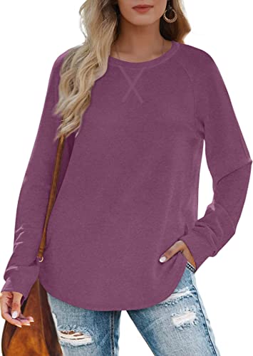 XIEERDUO Pullover Damen Rundhals Langarmshirt Locker Sweatshirt Langarm Tops Winter Casual Oberteile Fuchsia L von XIEERDUO