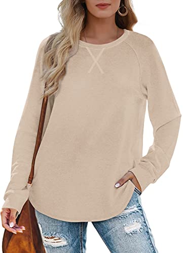 XIEERDUO Pullover Damen Rundhals Langarmshirt Locker Sweatshirt Langarm Tops Winter Casual Oberteile Khaki L von XIEERDUO