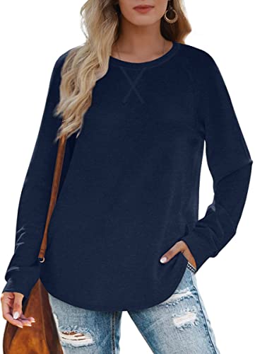 XIEERDUO Pullover Damen Rundhals Langarmshirt Locker Sweatshirt Langarm Tops Longsleeve Tshirt Winter Oberteile Marineblau M von XIEERDUO