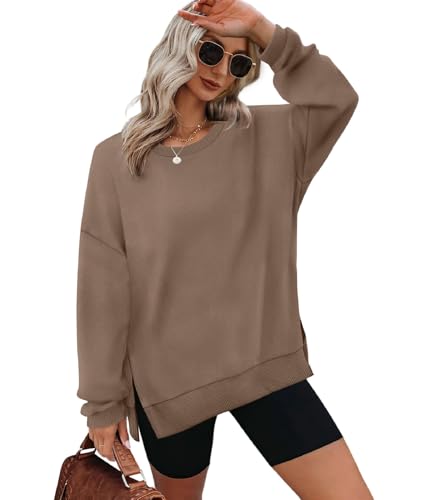 XIEERDUO Sweatshirt Damen ohne Kapuze Rundhals T Shirt Damen Oversized Langarmshirt Damen Top Herbst Winter Oberteile Damen Elegant Braun S von XIEERDUO