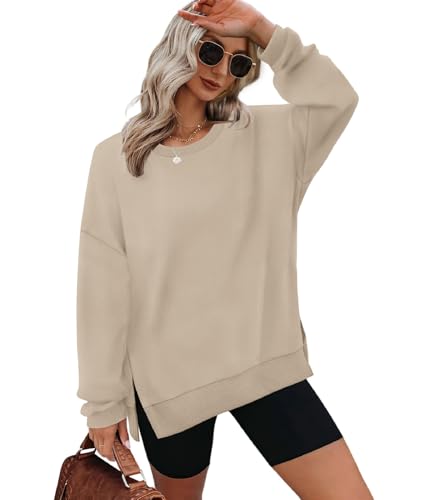 XIEERDUO Sweatshirt Damen ohne Kapuze Rundhals T Shirt Damen Oversized Langarmshirt Damen Top Herbst Winter Oberteile Damen Elegant Khaki M von XIEERDUO