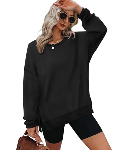 XIEERDUO Sweatshirt Damen ohne Kapuze Rundhals T Shirt Damen Oversized Langarmshirt Damen Top Herbst Winter Oberteile Damen Elegant Schwarz XL von XIEERDUO