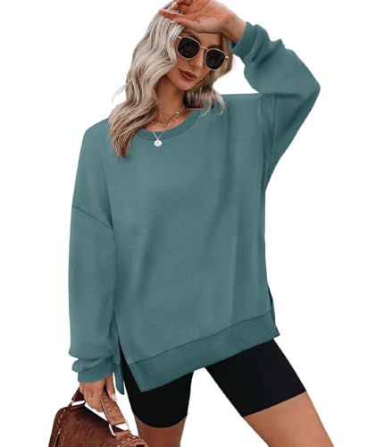 XIEERDUO Sweatshirt Damen ohne Kapuze Rundhals T Shirt Damen Oversized Langarmshirt Damen Top Herbst Winter Oberteile Damen Elegant Türkis S von XIEERDUO