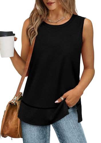 XIEERDUO Tank Top Damen Ärmellose T Shirt Rundhals Ausschnitt Sommer Oberteile Damen Elegant Top Damen Passform Longshirt Schwarz M von XIEERDUO