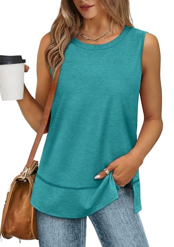 XIEERDUO Tank Top Damen Ärmellose T Shirt Rundhals Ausschnitt Sommer Oberteile Damen Elegant Top Damen Passform Longshirt Türkis L von XIEERDUO