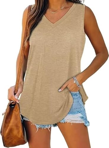 XIEERDUO Top Damen Sommer Tank Top Ärmellose Oberteile Sport T Shirt V Ausschnitt Shirts Basic Khaki 2XL von XIEERDUO