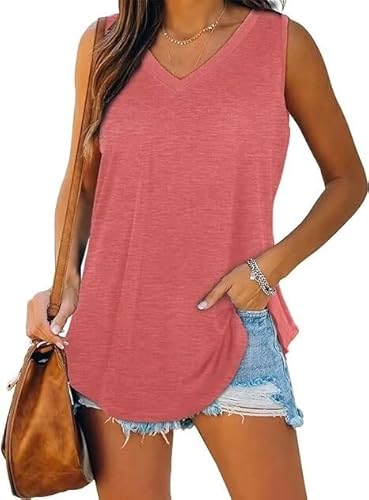 XIEERDUO Top Damen Sommer Tank Top Ärmellose Oberteile Sport T Shirt V Ausschnitt Shirts Basic Rosa 2XL von XIEERDUO