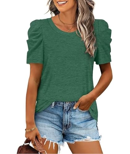 XIEERDUO Top Damen Puffärmel T Shirt Damen Elegant Oversized Oberteile Rundhals Ausschnitt Grün M von XIEERDUO