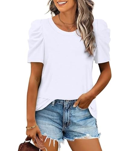 XIEERDUO Top Damen Puffärmel T Shirt Damen Elegant Oversized Oberteile Rundhals Ausschnitt Weiß M von XIEERDUO