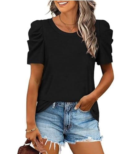 XIEERDUO Top Damen Puffärmel T Shirt Damen Elegant Oversized Oberteile Rundhals Ausschnitt Schwarz XL von XIEERDUO