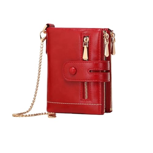 XIEHYA Damen Geldbörse Damen-Geldbörse, Leder, kurz, mit Kette, großes Fassungsvermögen, dreilagig, Null-Geldbörse, Retro-Damen-Geldbörse Mit Mehreren Fächern(Red) von XIEHYA