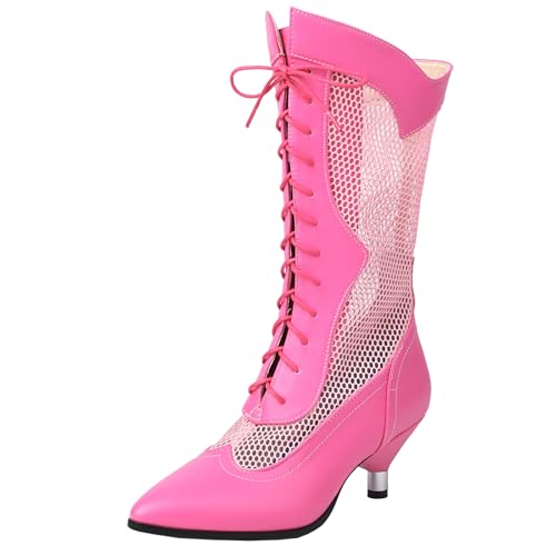XIEPP Atmungsaktive Mesh-Stiefel mit Spitzer Zehenpartie für Damen Modische und Bequeme Kitten Heel Mittelhohe Stiefel von XIEPP