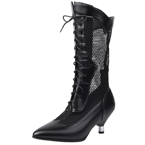XIEPP Atmungsaktive Mesh-Stiefel mit Spitzer Zehenpartie für Damen Modische und Bequeme Kitten Heel Mittelhohe Stiefel von XIEPP