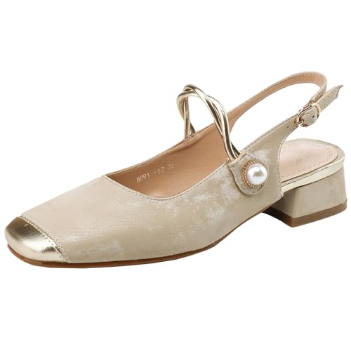 XIEPP Bequeme Damensandalen mit Niedrigen Absätzen Slingback-Anzugschuhe mit Quadratischer Zehenpartie in Color-Blocking-Optik von XIEPP
