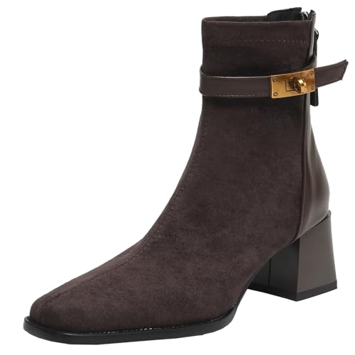 XIEPP Bequeme Kurze Damenstiefel mit Blockabsatz, Stiefeletten mit Quadratischem Reißverschluss für Lässige Outfits von XIEPP