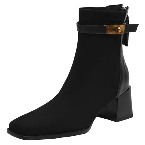 XIEPP Bequeme Kurze Damenstiefel mit Blockabsatz, Stiefeletten mit Quadratischem Reißverschluss für Lässige Outfits von XIEPP