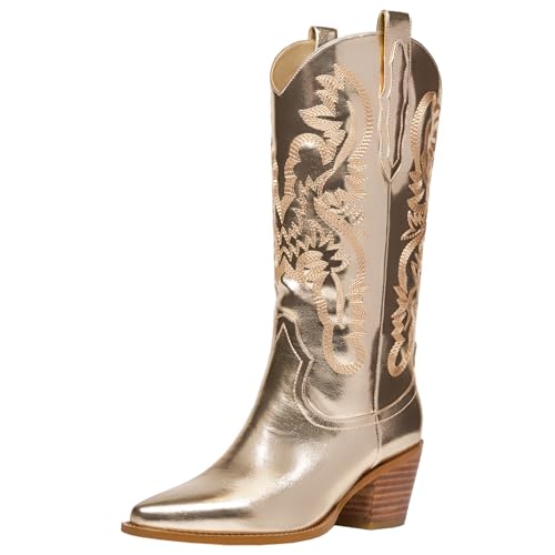 XIEPP Cowboystiefel zum Hineinschlüpfen Westernstiefel mit Retro-Print mit Blockabsatz und Spitzer Zehenpartie von XIEPP