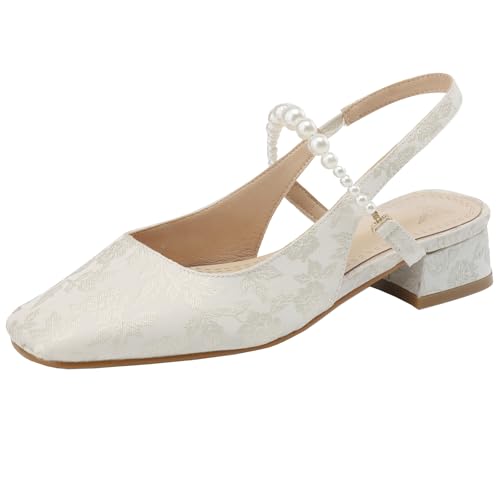 XIEPP Damen Bedruckte Sandalen mit Quadratischer Zehenpartie mit Blockabsatz Slingback-Anzugschuhe mit Perlen von XIEPP