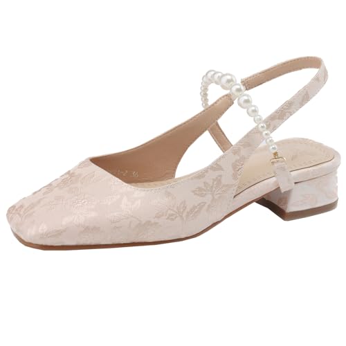 XIEPP Damen Bedruckte Sandalen mit Quadratischer Zehenpartie mit Blockabsatz Slingback-Anzugschuhe mit Perlen von XIEPP