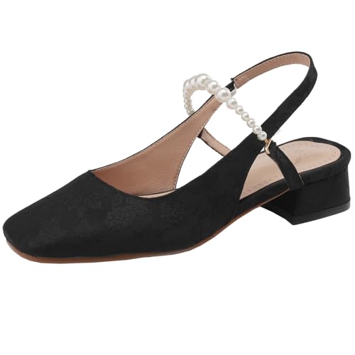 XIEPP Damen Bedruckte Sandalen mit Quadratischer Zehenpartie mit Blockabsatz Slingback-Anzugschuhe mit Perlen von XIEPP