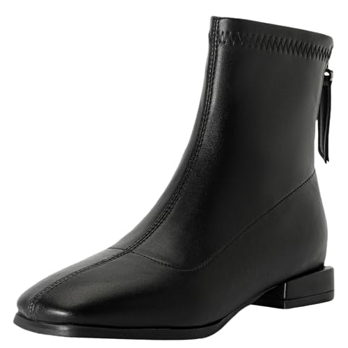 XIEPP Damen Bequeme Niedrigabsatz Quadrattoe Kurzstiefel, Reißverschluss Stiefeletten für Casual Outfits von XIEPP