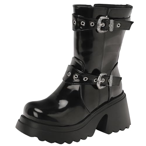 XIEPP Damen Blockabsatz Combat Stiefeletten, Plattform- und Runde Zehenform für Street-/Retro-Looks von XIEPP
