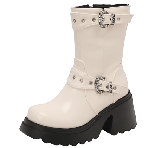 XIEPP Damen Blockabsatz Combat Stiefeletten, Plattform- und Runde Zehenform für Street-/Retro-Looks von XIEPP