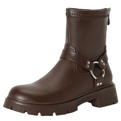 XIEPP Damen Blockabsatz-Combat-Stiefeletten für Herbst und Winter, Casual-Rundtoe-Kurzstiefel für Täglichen Gebrauch von XIEPP