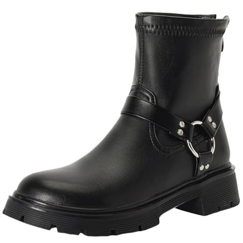 XIEPP Damen Blockabsatz-Combat-Stiefeletten für Herbst und Winter, Casual-Rundtoe-Kurzstiefel für Täglichen Gebrauch von XIEPP