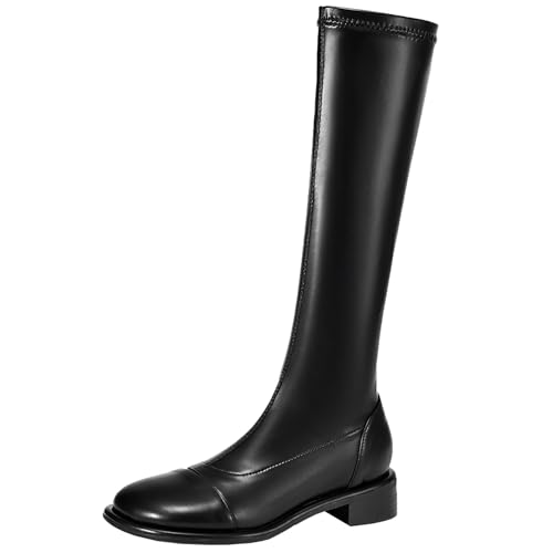 XIEPP Damen Blockabsatz Kniehohe Stiefel Runde Zehe Einfarbige Bikerstiefel mit Reißverschluss von XIEPP