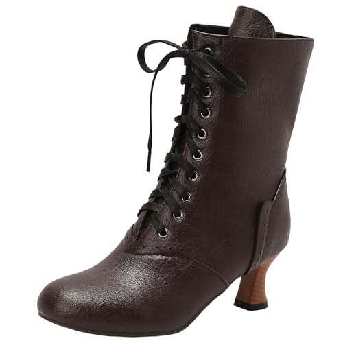 XIEPP Damen Blockabsatz Rundzehen Stiefeletten mit Schnürung, Bequeme Kurzstiefel für den Täglichen Gebrauch von XIEPP