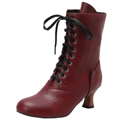 XIEPP Damen Blockabsatz Rundzehen Stiefeletten mit Schnürung, Bequeme Kurzstiefel für den Täglichen Gebrauch von XIEPP
