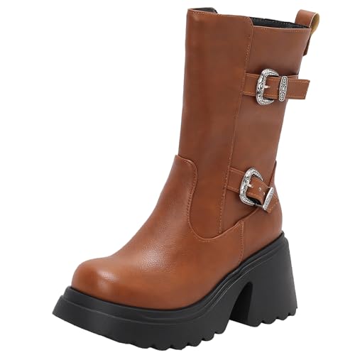 XIEPP Damen Blockabsatz Stiefel bis zur Wade, Runde Zehen Reißverschluss Kampfstiefel, Ideal für Herbst und Winter von XIEPP