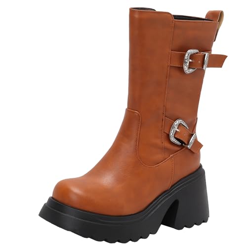 XIEPP Damen Blockabsatz Stiefel bis zur Wade, Runde Zehen Reißverschluss Kampfstiefel, Ideal für Herbst und Winter von XIEPP