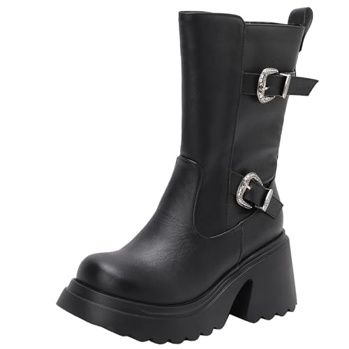 XIEPP Damen Blockabsatz Stiefel bis zur Wade, Runde Zehen Reißverschluss Kampfstiefel, Ideal für Herbst und Winter von XIEPP